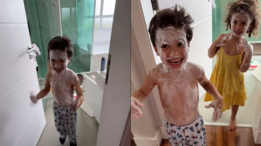 Os filhos de Camilla Camargo se divertindo com espuma • Instagram/Camilla Camargo