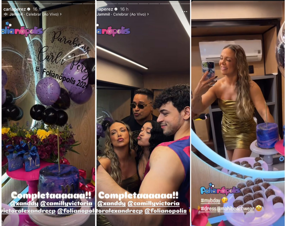 Carla Perez mostra detalhes de sua comemoração de aniversário no camarim do trio de Xanddy, no Folianópolis, no sábado (16) • Instagram/Carla Perez