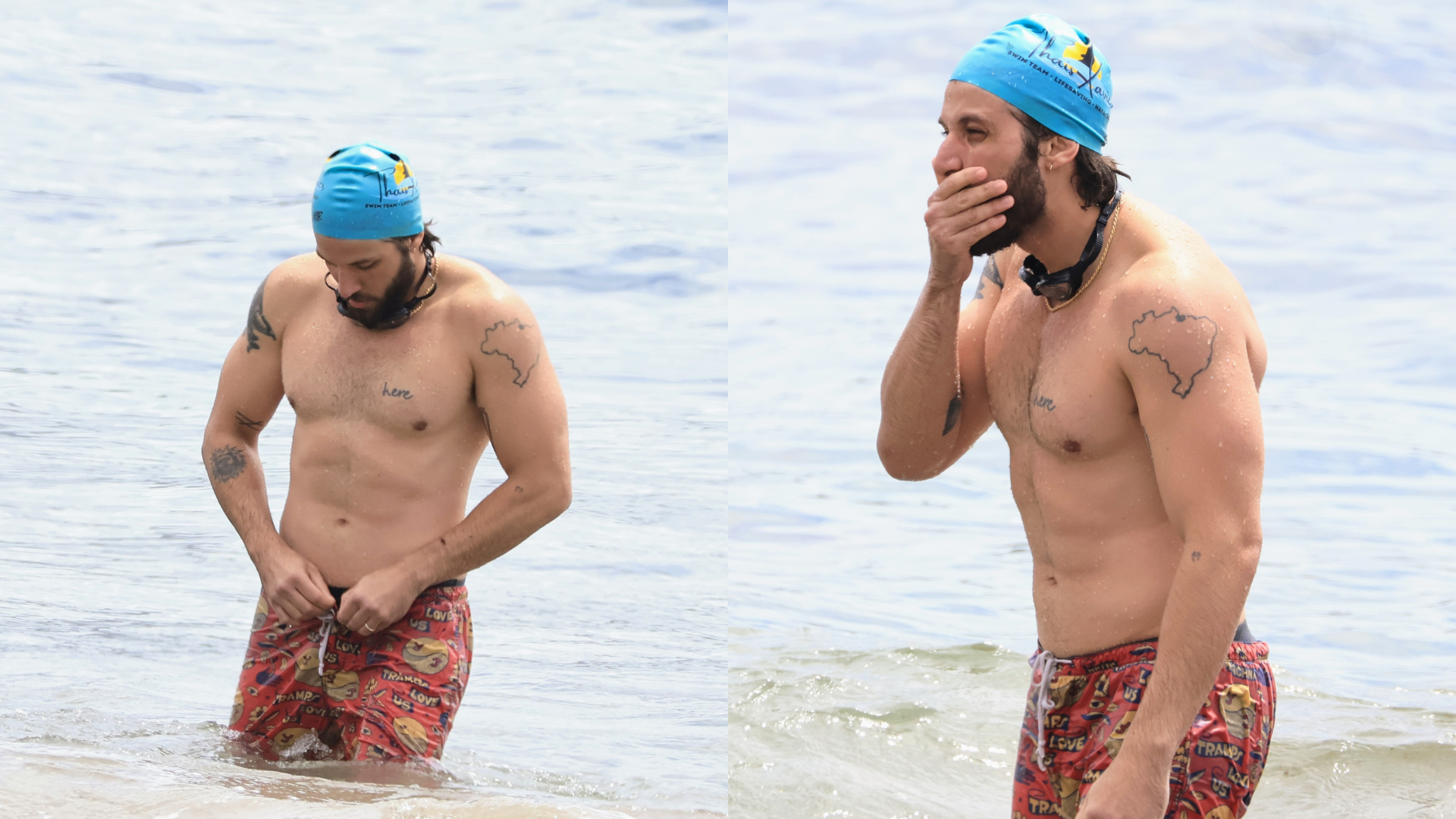 Chay Suede foi visto treinando natação na Praia de Copacabana nesta quarta-feira (6)