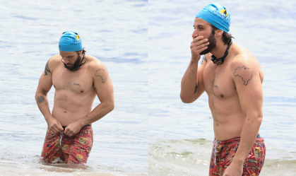 Chay Suede faz treino de natação na Praia de Copacabana; veja imagens