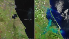 Imagens de satélite tiradas em 8 de outubro (antes) e 30 de outubro (depois) mostram o quanto as enchentes alteraram a paisagem na costa centro-leste da Espanha
