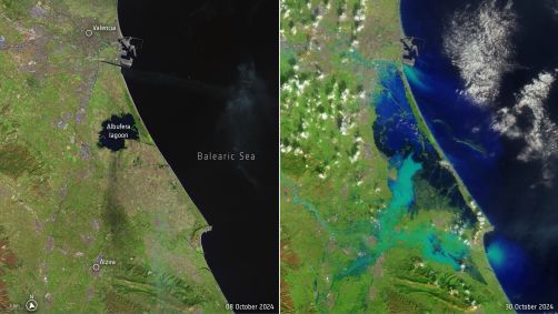 Imagens de satélite tiradas em 8 de outubro (antes) e 30 de outubro (depois) mostram o quanto as enchentes alteraram a paisagem na costa centro-leste da Espanha