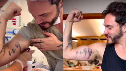 No registro, ele mostra o pé do recém-nascido sendo carimbado em seu braço ainda na maternidade e depois ele fazendo a tatuagem da pegada em seu braço