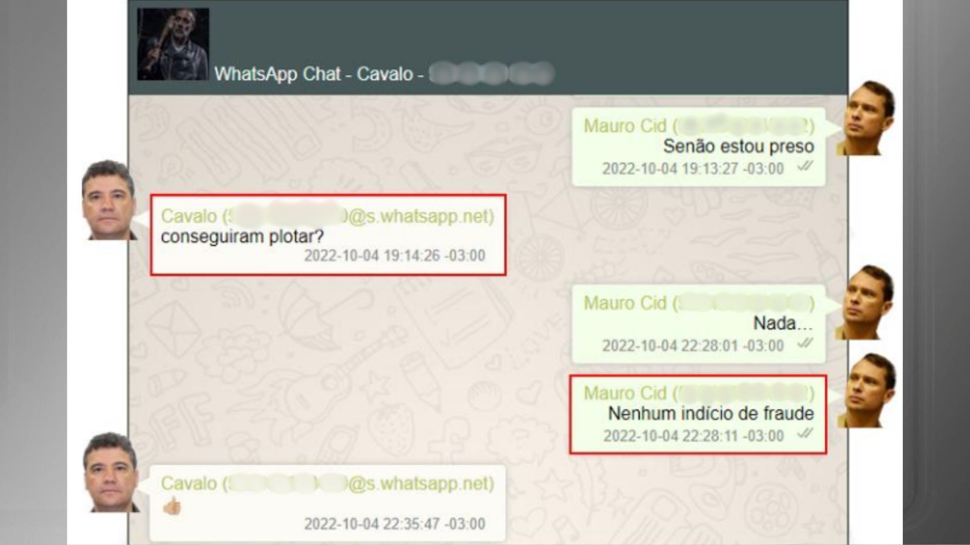 Conversas de WhatsApp entre Mauro Cid, ex-ajudante de ordens de Jair Bolsonaro (PL), e o tenente-coronel do Exército Sergio Ricardo Cavaliere de Medeiros • Reprodução