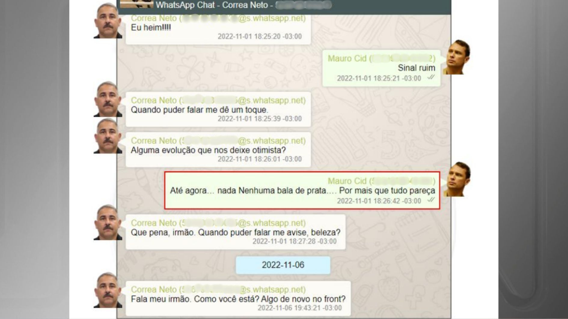 Conversas de WhatsApp entre Mauro Cid, ex-ajudante de ordens de Jair Bolsonaro (PL), e o coronel Hélio Ferreira Lima. •