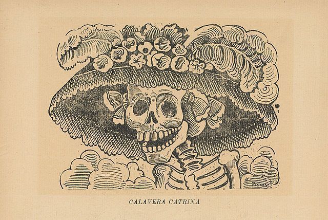 Calavera de la Catrina - José Guadalupe Posada, publicado por Arsacio Vanegas, Cidade do México, c. 1910, gravura em zinco, 34,5 x 23 cm • Wikimedia Commons