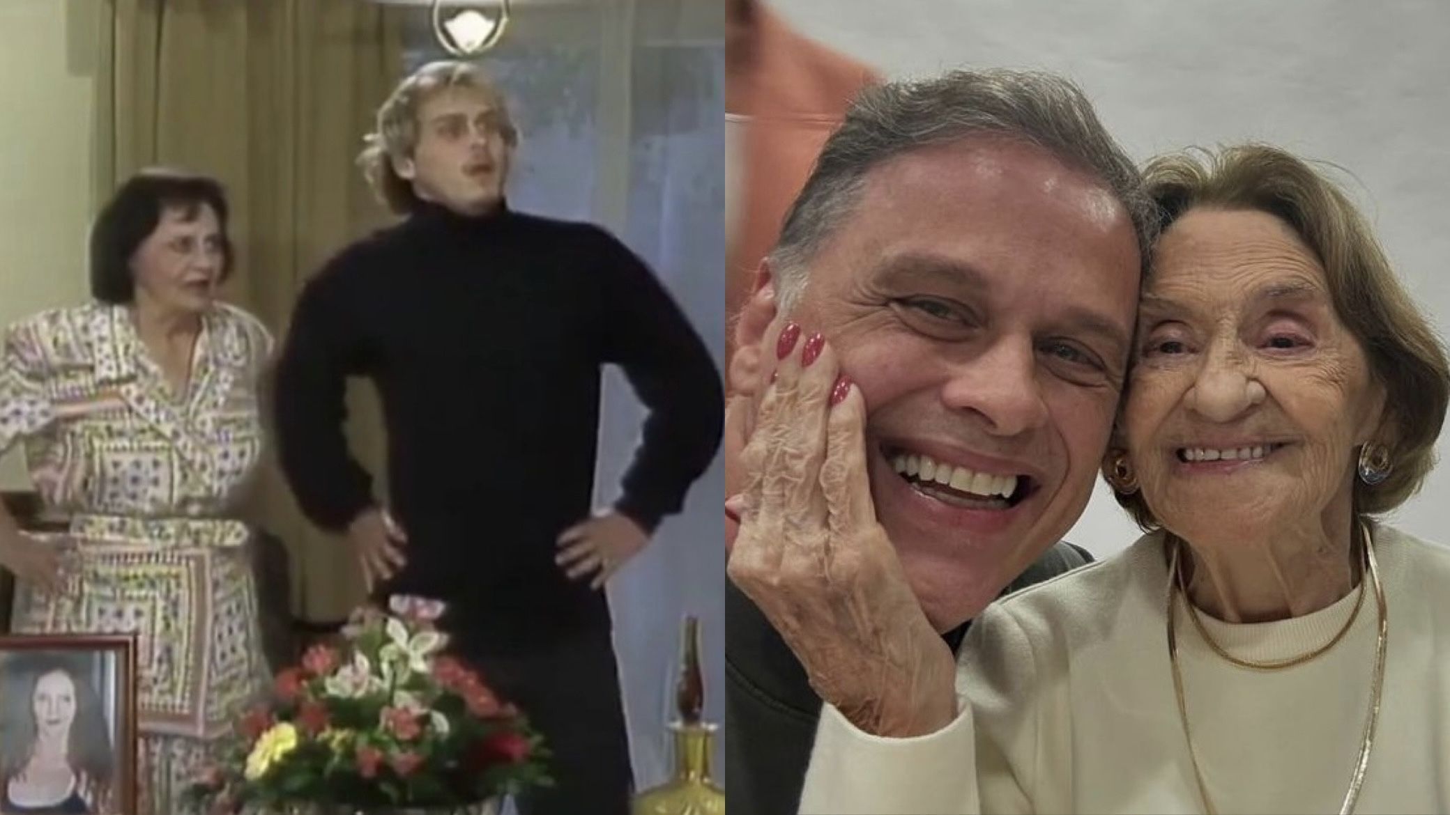 Laura Cardoso e Guilherme Fontes como Dona Guiomar e Alexandre, e nos dias atuais • Reprodução/Twitter/Instagram/Laura Cardoso
