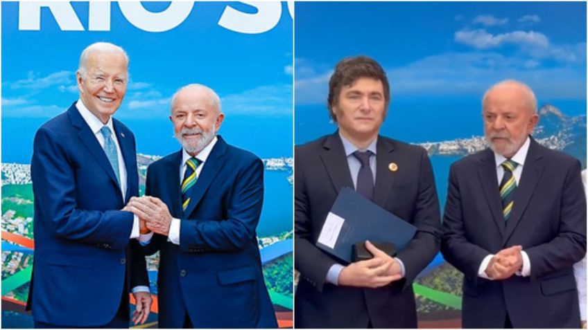 Presidente Luiz Inácio Lula da Silva (PT) recebe os presidentes Joe Biden (esq.), dos Estados Unidos, e Javier Milei (dir.), da Argentina, antes da Cúpula do G20 • Ricardo Stuckert/Reprodução X Lula