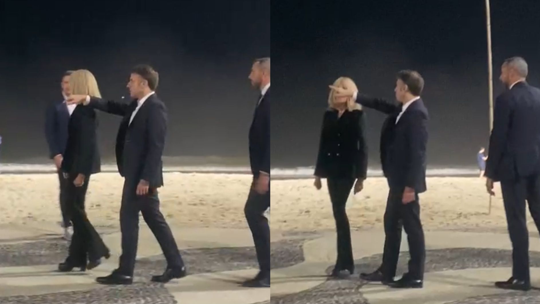 Presidente da França, Emmanuel Macron, caminha pela orla da Praia de Copacabana, no Rio de Janeiro, em 17 de novembro de 2024