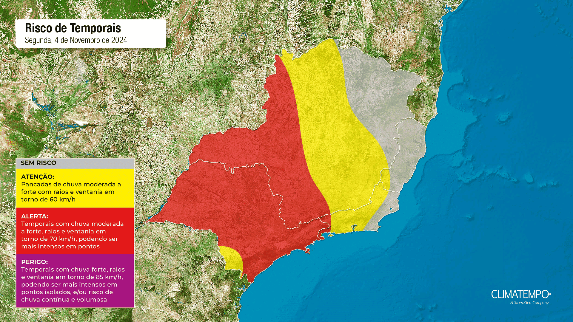 Área em vermelho com alerta de tempestade • Climatempo