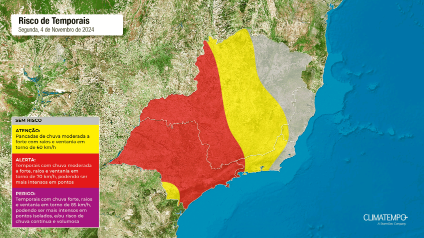 Área em vermelho com alerta de tempestade • Climatempo