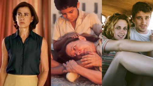 Montagem com imagens dos filmes "Ainda Estou Aqui", "Central do Brasil" e "On the Road"