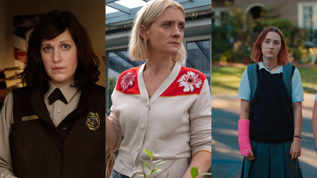 Montagem com imagens das séries "Fargo", "Mal de Família" e do filme "Lady Bird"