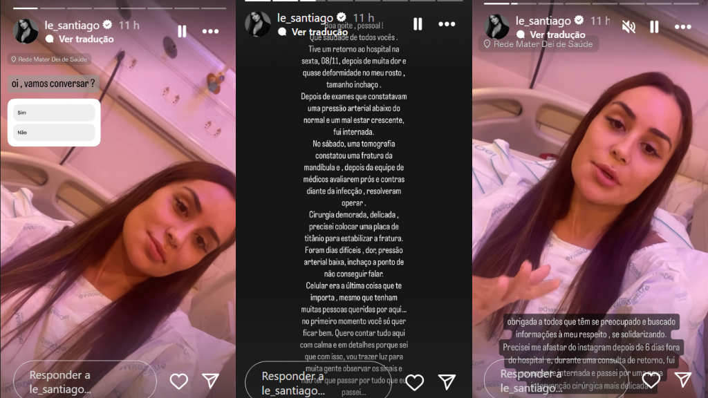 Montagem com os stories de Instagram da ex-BBB Letícia Santiago