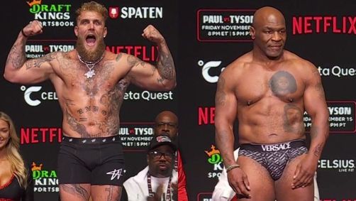 Jake Paul e Mike Tyson durante pesagem