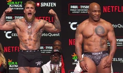 Jake Paul e Mike Tyson durante pesagem