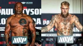 Mike Tyson e Jake Paul se pesaram nesta quinta-feira (14)