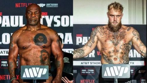 Mike Tyson e Jake Paul se pesaram nesta quinta-feira (14)
