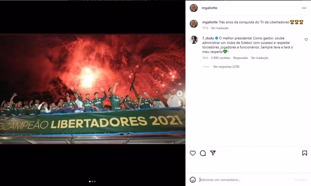 Dudu comenta em publicação de Maurício Galiotte • Reprodução