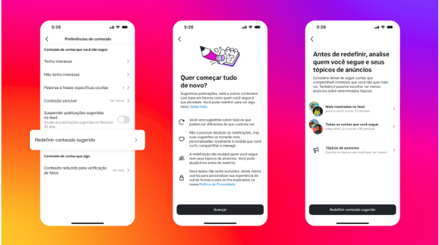Novo recurso da Meta possibilitará que os usuários redefinam as próprias recomendações na rede social • Divulgação/Meta