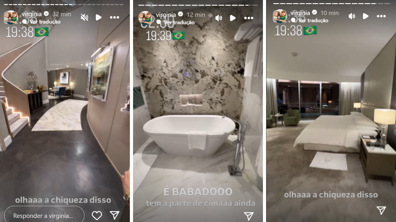 Virginia mostrou detalhes da suíte luxuosa, que está hospedada em Dubai • Instagram/Virginia