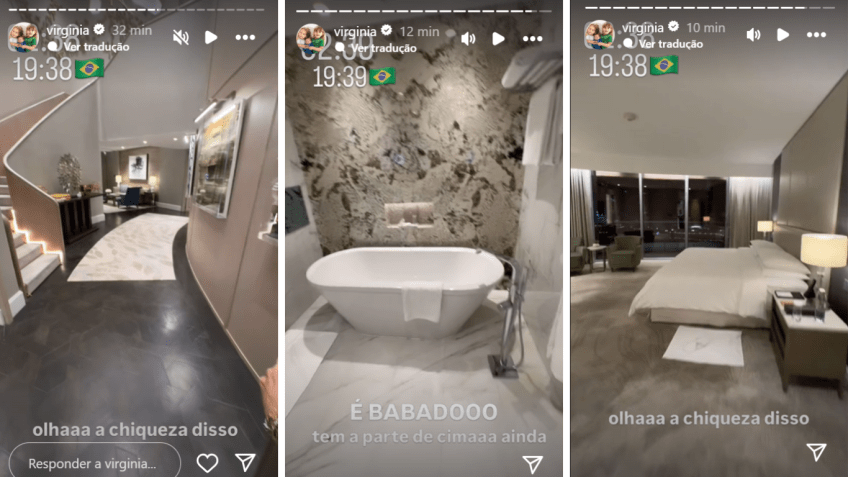 Virginia mostrou detalhes da suíte luxuosa, que está hospedada em Dubai • Instagram/Virginia