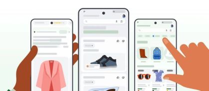A ilustração apresenta três telas de um smartphone que estão exibindo as atualizações do Google Shopping.