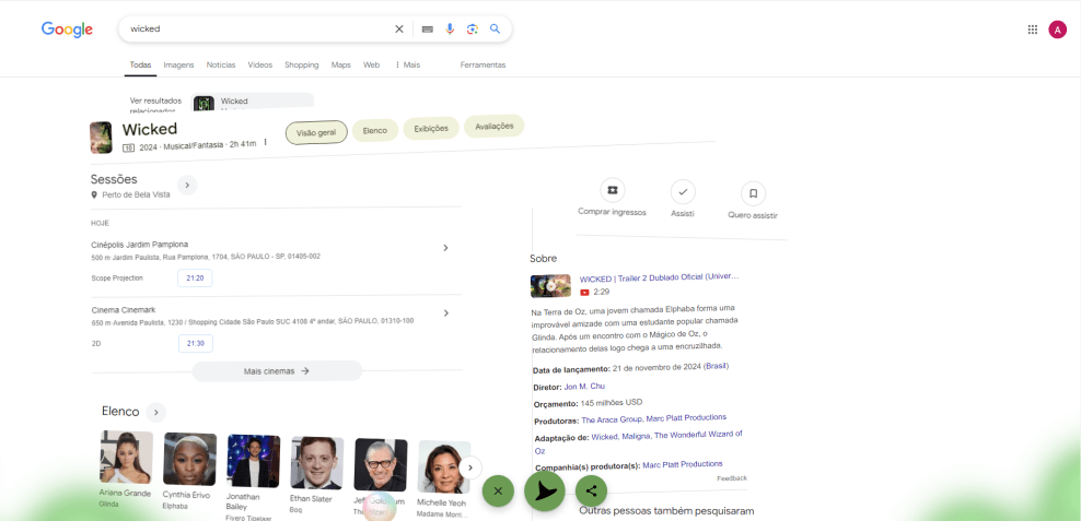 Ativação de "Wicked" solta bolhas e manchas verdes no Google, além de tocar "Defying Gravity" • Google