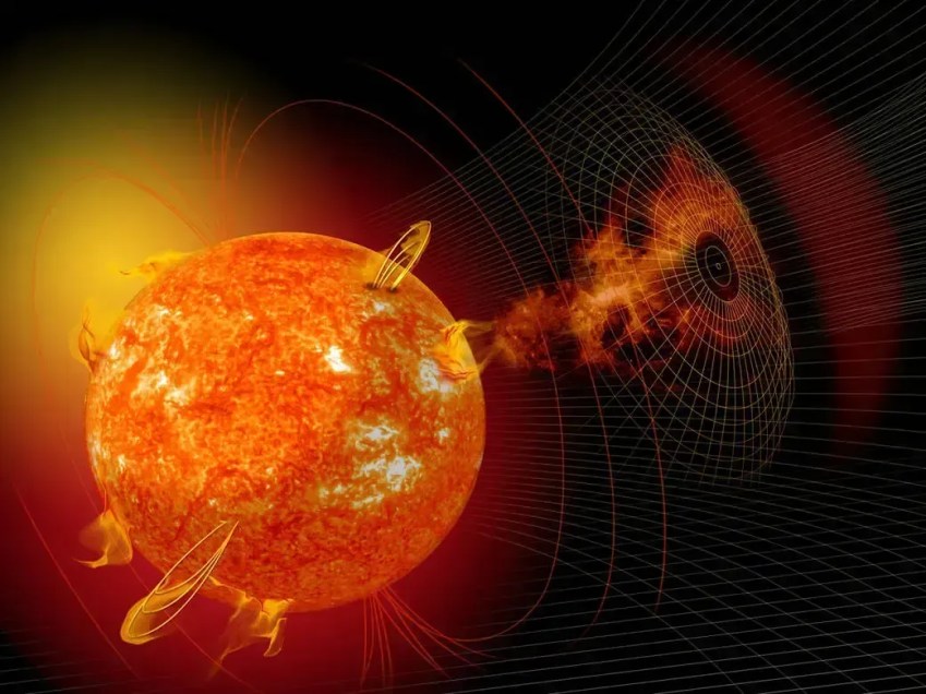 Representação artística de um sol ativo que liberando uma ejeção de massa coronal (CME) • Nasa