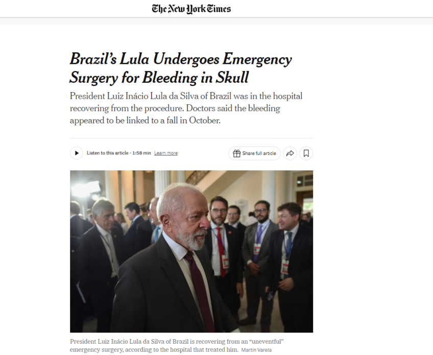 Cirurgia de Lula é destaque no New York Times • Reprodução/NYT