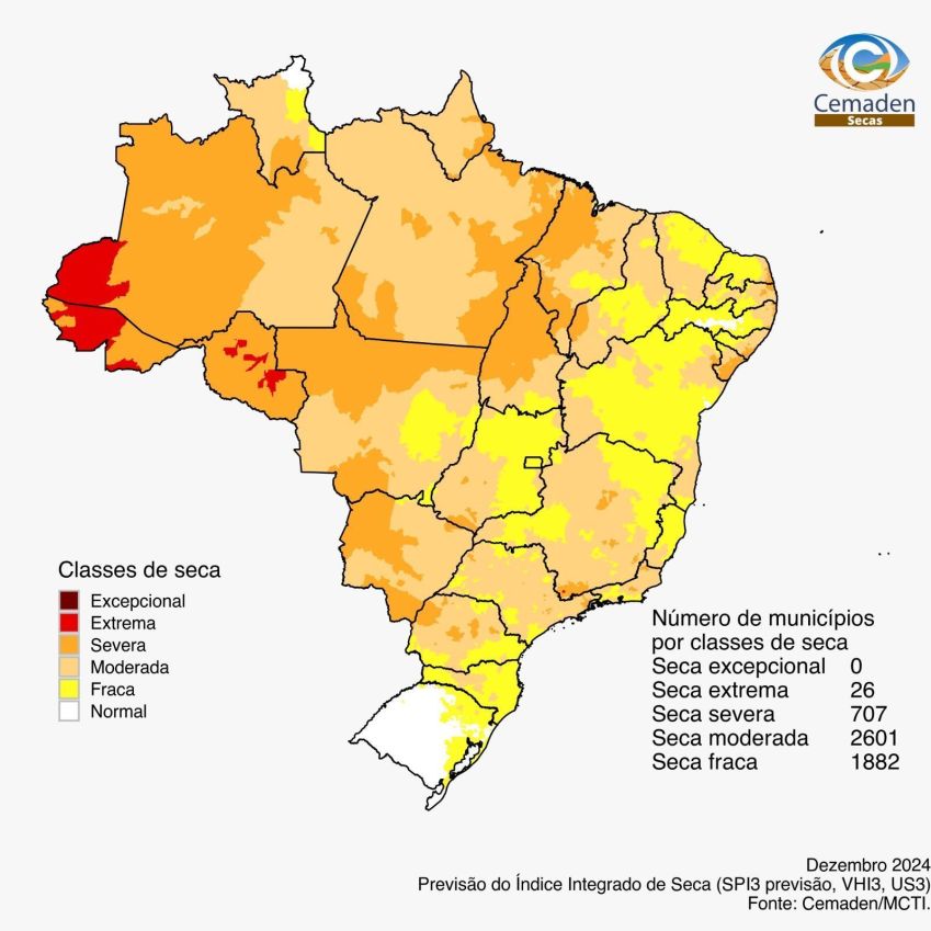 Previsão da seca para o Brasil no mês de dezembro de 2024. • Centro Nacional de Monitoramento e Alertas de Desastres Naturais (Cemaden)