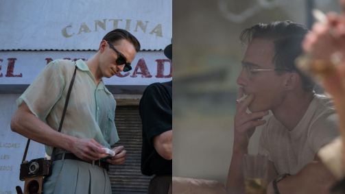 Montagem com fotos de Drew Starkey em "Queer"