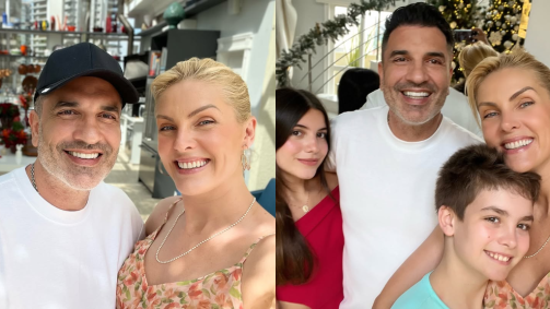 Montagem com fotos do Natal de Ana Hickmann e Edu Guedes