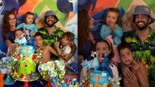 Montagem com fotos do aniversário da filha de Pedro Scooby