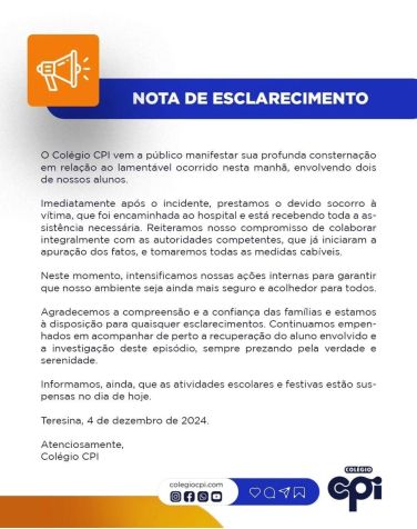 Nota do colégio CPI • Reprodução