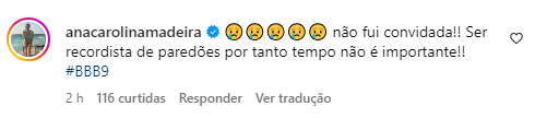 Ana Carolina Madeira lamenta falta de convite para especial do BBB • Reprodução/ Instagram