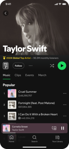 Taylor Swift receberá distintivo após se tornar a artista mais ouvida no Spotify em 2024 • Divulgação/Spotify