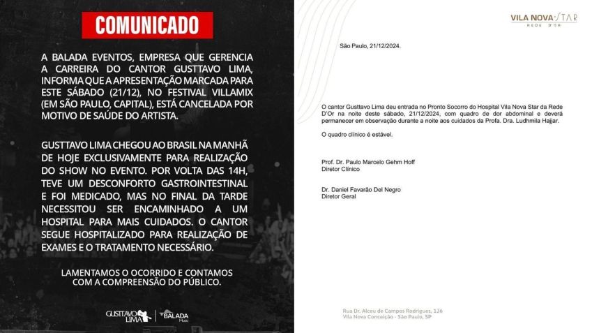 Gusttavo Lima cancela show e é internado em São Paulo • Instagram/Gusttavo Lima