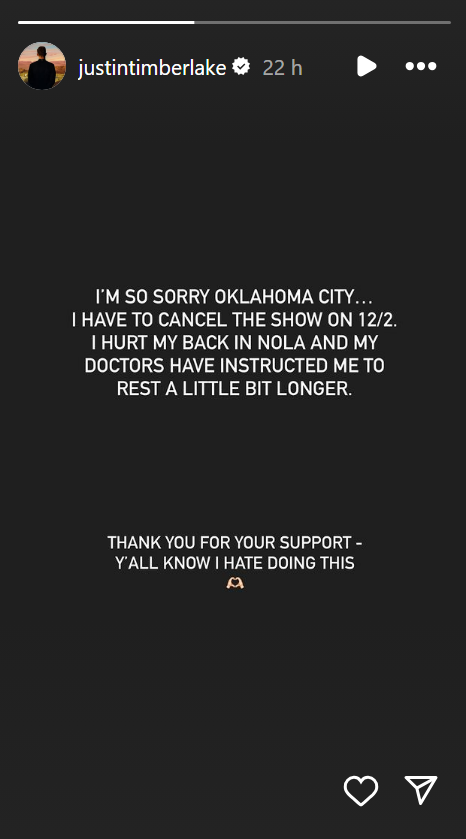 Cantor publicou o comunicado sobre o cancelamento do show em suas redes sociais • Instagram/Justin Timberlake