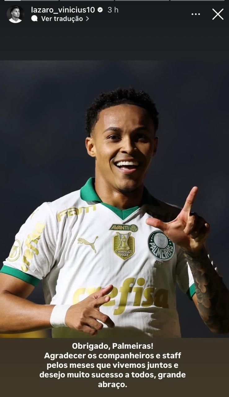Atacante Lázaro se despede do Palmeiras • Foto: Reprodução/ Instagram