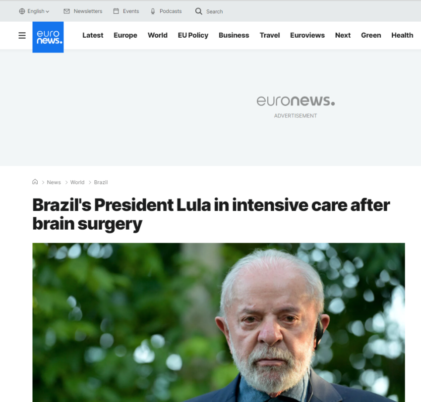 Lula na UTI é noticiado pela Euronews. • Reprodução/Euronews