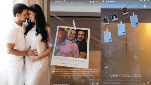 Montagem com os webstories com registros do nascimento de Clara, filha de Zezé di Camargo e Graciele Lacerda