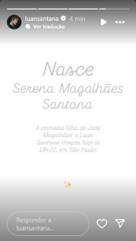 Luan Santana anunciou o nascimento de sua primeira filha com Jade Magalhães neste sábado (28) • Instagram/Luan Santana