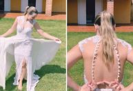 Thaeme prova vestido de casamento de 10 anos atrás e brinca: "Não fecha"