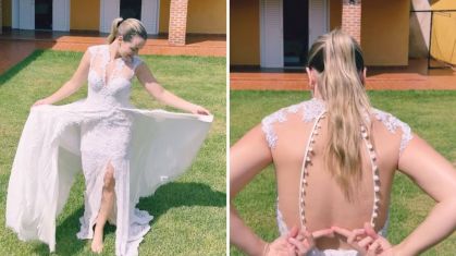 Sertaneja Thaeme prova vestido de casamento e se diverte com o tamanho