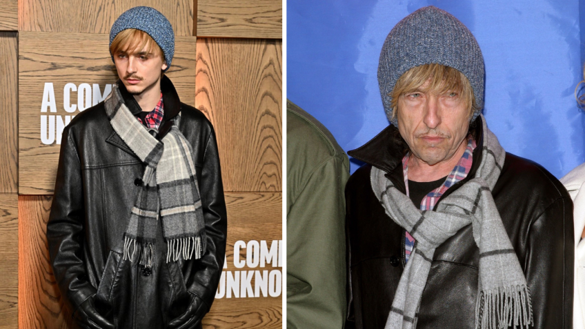 Timothée Chalamet fez referência a Bob Dylan em première de "Um Completo Desconhecido" • Foto 1 e 2: Reprodução/X