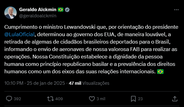 Post realizado pelo vice-presidente na noite de sábado (25) • @geraldoalckmin / X