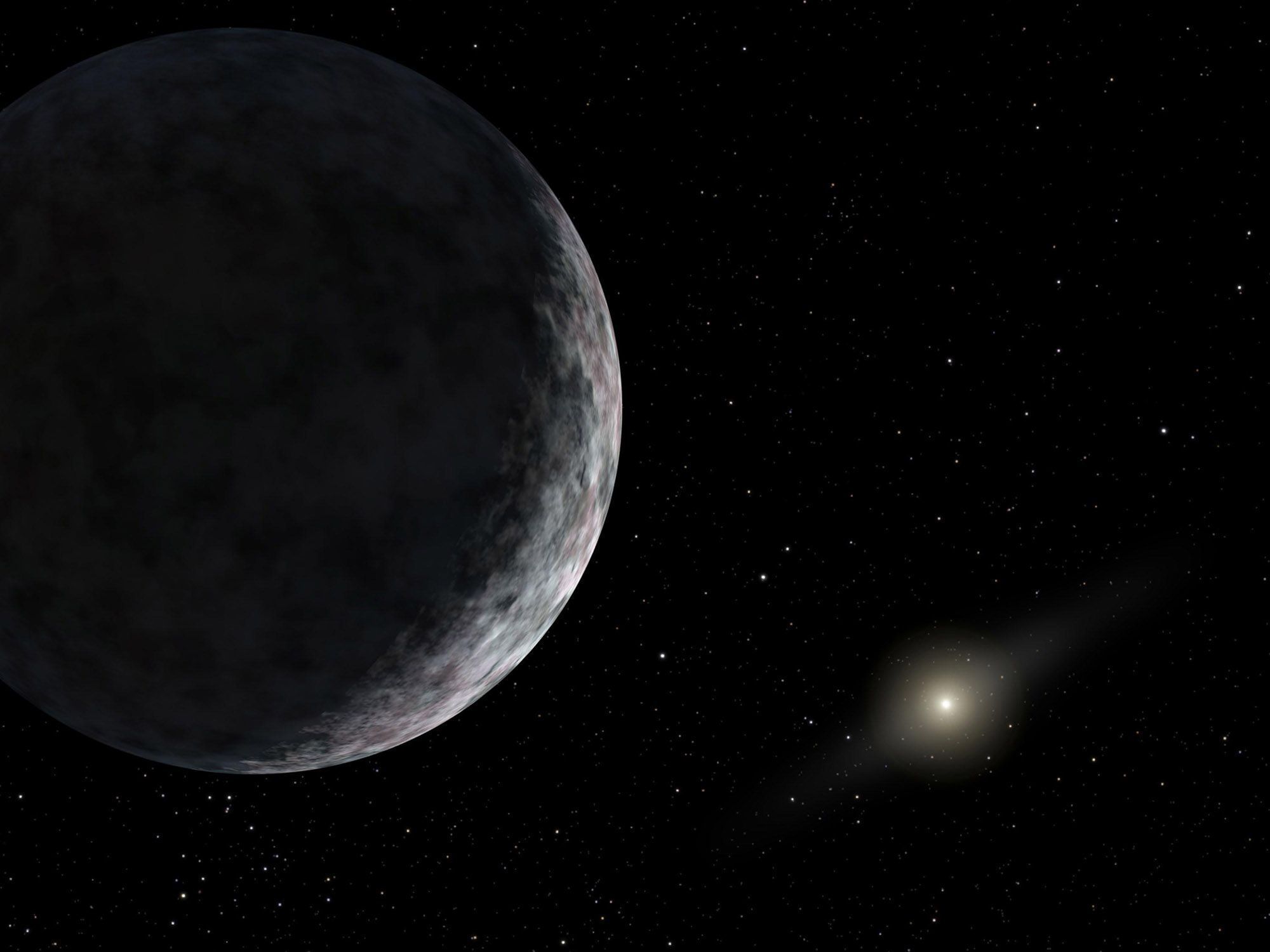 Conceito artístico do planeta anão Éris e sua lua Disnomia • NASA/JPL-Caltech