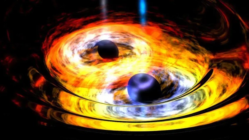 Conceito artístico de dois buracos negros circulando um ao outro antes de se fundirem • Nasa