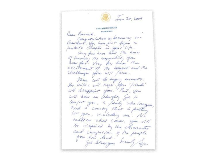 Carta de George W. Bush deixada para Barack Obama • Biblioteca presidencial Barack Obama
